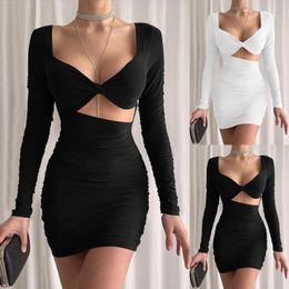 Casual Dresses Autumn/Winter Long Sleeved For Women Low Cut Sexy Fashion Hollow Out Fold Slim Fit Short Skirt Pleated Bodycon Club Wear