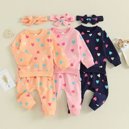 -10-23 Lioraitiin 0-3Y Toddler Girls Valentine's Day Sets Long Sleeve Crewneck Sweatshirt Heart Print Pants Headband Sets 240111