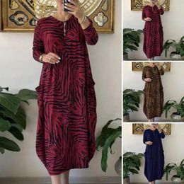 Casual Dresses Women Ankle Length Dress Retro Full Leopard Print Maxi With Long Sleeves Pockets For Oversized O Neck