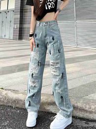 Women's Jeans Pants Capris Y2k Clothing Women Splatted Ink Torn Wash Graffiti Hole Fashion Loose Straight Wide Leg Trousers 90s Vintage Clothes