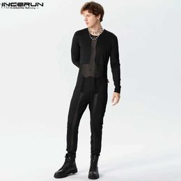 Men's Jeans 2024 Men's Jumpsuits Mesh Patchwork Sexy O-neck Long Sleeve Overalls Men Streetwear Transparent Fashion Rompers S-3XLL240111