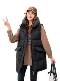 Women's Vests Autumn Winter Chic Stand Collar Hooded Long For Female Sleeveless Loose Casual Big Pockets Cotton-Padded Waistcoats