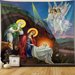 Jesus Birth Nativity Scene Tapestry Christmas Christ Wall Decor Christian Believers Wise Men Hanging Easter Home Decoration 240111