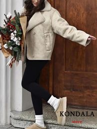 KONDALA Vintage High Quality Beige Leather Jackets Women Long Sleeve Buttons Oversized Coats Fashion Thick Warm Outwears 240111