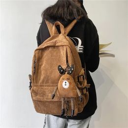 Vintage Girl College School Bag Casual Simple Women Backpack Pure Book Packbags for Teenage Velvet Corduroy Rucksack Khaki 240112