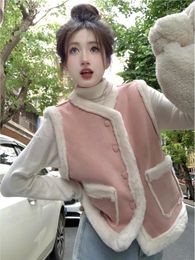 Women's Vests Autumn Winter Lambwool Waistcoats Korean Style Fashionable Pink Cute Warm Sleeveless Single Breasted Jackets