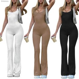 Women's Jumpsuits Rompers Women Sexy Bodycon Long Sleeve Square Neck OnePiece Romper Ribbed Knit Yoga Jumpsuit Workout Unitard Playsuit Backless JumpsuitsL240111