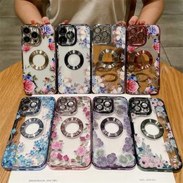 For iPhone 15 Pro Max Luxury Plating Frame Rose Flower Transparent Phone Case For iPhone 11 12 13 14 Plus Lens Protective Cover 30pcs