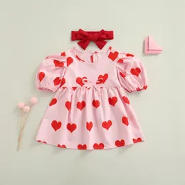 Girl Dresses 2Pcs Born Baby Girls Dress Suit Toddler Puff Short Sleeve Love Print Bow-knot Patchwork Princess With Headband