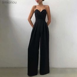 Women's Jumpsuits Rompers Spring Chiffon Sexy Joker Solid Elegant Spaghetti Strap European and American Women's High Waist Wide Leg JumpsuitsL240111