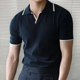 Men's Polos Top Quality Summer Stripe Color Matching Knitted Polo Shirt Personalized Slim Small V Neck Lapel Short Sleeve Tshirt