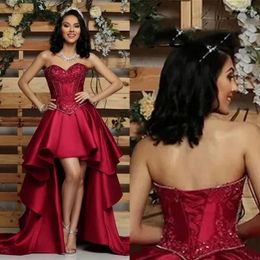 Party Dresses Burgundy High Low Prom Sweetheart Corset Women Special Occasion Dress Lace Appliques Beaded A Line Formal Evening Gowns