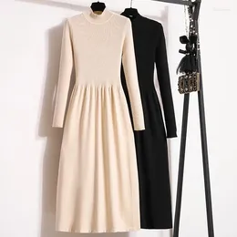 Casual Dresses Elegant Knit For Women 2024 Female Large Size 4XL Autumn Winter Long Sleeve Black Apricot Half Turtleneck Vestido