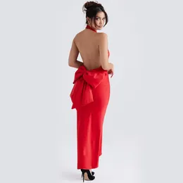 Casual Dresses Sladuo Women's Halterneck Red Bow Backless Satin Maxi Dress Sexy Silky Evening Party Club Bodycon Christmas Vestidos