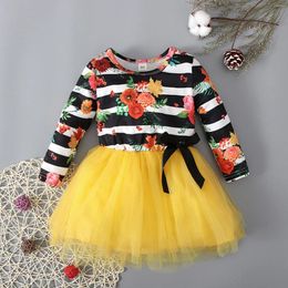 Girl Dresses Toddler Girls Long Sleeve Floral Prints Princess Dress Bowknot Tulle Tutu Dance Party Clothes Halloween