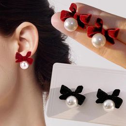 Stud Earrings Fashion French Retro Bowknot Girl Ear 2024 Flocking Bowtie Pearl Pendant Velvet Bow Year Earring Jewellery