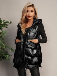 Women's Vests 2024 Fashion Autumn And Winter Sleeveless Patent Hooded Front Zipper Button Details Solid Puffer Coat Outdoor Warm Clothing