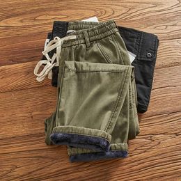 Men's Pants 2024 Autumn And Winter American Retro Men Plus Fleece Cargo Loose Fashion Trend Elastic Waistband Casual