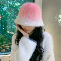 Japanese Style Gradient Color Imitation Rabbit Fur Bucket Hat Women Winter Fisherman Plush Fluffy Wool Basin Hats 240111