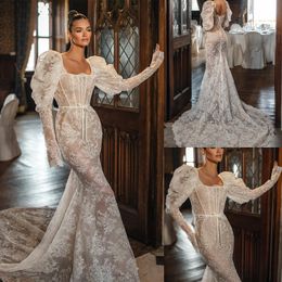 Elegant Lace Mermaid Wedding Dresses Scoop Neck Puff Long Sleeve Bridal Gown Illusion Backless Boho Bride Dress