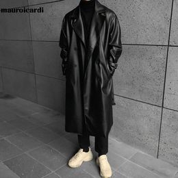 Mauroicardi Spring Autumn Long Black Oversized Faux Leather Trench Coat Men Drop Shoulder Belt Faux Leather Coats for Men 240112