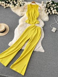 Women's Two Piece Pants Women Streetwear Sets Summer Sleevelss Hollow Out Crop Tops And High Wait Bell Outfits Woman Casual Suits