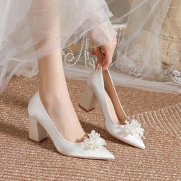 Dress Shoes Size 30-44 Silk Women Chunky Heel Point Toe Pearls High Heels Wedding Bride Bridesmaid White