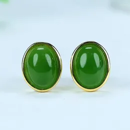 Stud Earrings Women Green Jade Oval 925 Sterling Silver Jewelry Genuine Natural Hetian Jades Nephrite Golden Ear Studs Earring