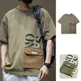 Summer Men's Short Sleeve Letter Printed T-shirt With Cargo Pocket Casual Cotton O-Neck Tops Y2K Streetwear Oversized Tee Shirts 240112