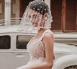 Stylish Pearls Tulle Bridal Veils Cover Face Short Women Headwear Blusher Veils Luxury Hair Accessories Jewelry For Wedding Party 3506988