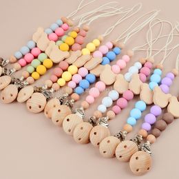 Cute Wood Bear Newborn Toddlers Pacifiers Leashes Baby Pacifier Chain Proof Beads Silicone Nuk Nipple Chain for Infantil Baby