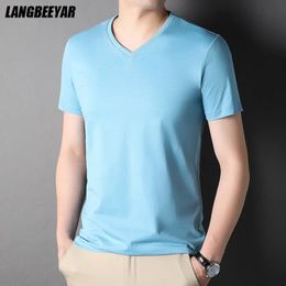 Top Grade 100 % Cotton Men t Shirt Summer Brand Tops V Neck Solid Colour Plain Short Sleeve Casual Fashion Mens Clothes 240111