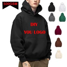 DIY Custom Your Brand 500GSM Heavy Weight Autumn Winter Casual Thick Cotton Mens Top Solid Colour Hoodies Sweatshirt 240112