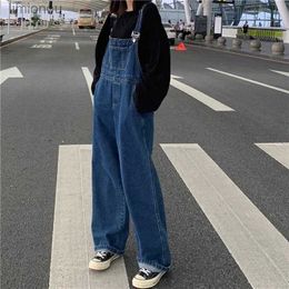 Women's Jumpsuits Rompers Women Denim Overalls Vintage Streetwear Loose Jumpsuit Korean Straight Wide Leg Pants Casual Jeans All Match TrousersL240111