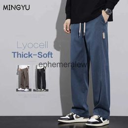 Men's Pants New Winter High Quality Soft Lyocell Fabric Blue Men Elastic Waist Straight Korean Thick Work Cargo Jogger Trousers Maleephemeralewephemeralew