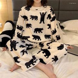 Women's Sleepwear Winter Flannel Women Pajamas Sets Kawaii Cartoon Long Sleeve Warm Thick Coral Velvet Girl Home Pijamas Set 2024