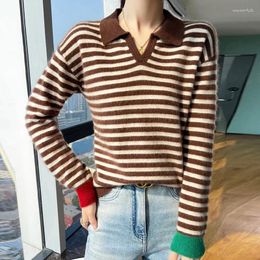 Women's Sweaters Autumn Winter Women Merino Wool Sweater Polo Collar Striped Contrasting Color Pullover Thickened Cashmere Casual Top