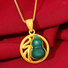 Pendant Necklaces Natural Chalcedony Jade Gourd For Women Yellow Gold Plated Green Agate Gemstone Necklace Fine Jewellery Gifts