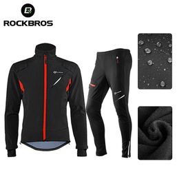 Sets Rockbros Cycling Clothing Set Winter Thermal Fleece Pants Rainproof Windproof Reflective Cycling Jersey Set Men Women Sportswear