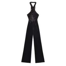 Zach Ailsa Early Spring Womens High Waist Sexy Open Back Tassel Bead Decoration Hanging Neck Collar jumpsuit 240111