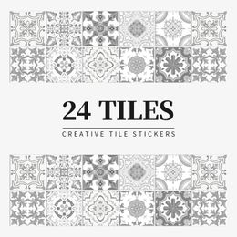 24PCS Wall Sticker Gray Moroccan Vintage Art Waterproof Vinyl Peel and Stick Tile Stickers Home Decor Kitchen Bathroom DIY Decal 240112