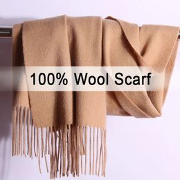 Winter 100% Pure Wool Scarf Neck Warmer Women Echarpe Wrap with Tassel Pashmina Foulard Femme Merino Cashmere Scarves for Ladies 240111