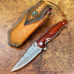 S7213 Flipper Folding Knife Damascus Steel Straight Point Blade Rosewood Handle Outdoor Camping Hiking Fishing EDC Pocket Knives & Leather Sheath MY