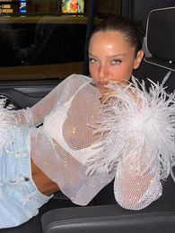 Women Sexy See Through Long Sleeve White Shirts Female Feathers Net Mesh Glitter Crop Erogenous Top Party Night Clubwear 240112