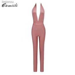 Women's Jumpsuits Rompers CIEMIILI Deep V Neck Fashion Celebrity Bandage Solid Rompers 2022 Ladies New Fashion Full Length Skinny Summer Backless JumpsuitL240111