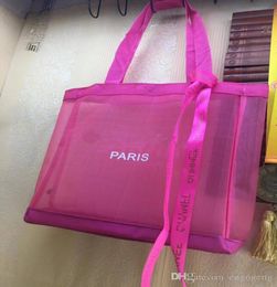 NEWClassic pink pouch shopping mesh Bag with ribbon fashion style Travel Bag beach Women Wash case Cosmetic Makeup Storage Case3692954