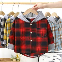Children's Hooded Shirts Kids Clothes Baby Boys Plaid Shirts Coat for Spring Autumn Girls Long-Sleeve Jacket Bottoming Clothing 240111