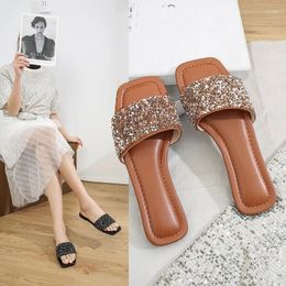 Slippers Shoes Woman 2024 Casual Glitter Slides Low Pantofle Luxury Flat Jelly PU Bling Rubber Crystal Hoof Heels Basic Fabr