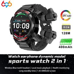 Watches 2023 New 2 In 1 TWS Wireless Headphone Local Music Smart Watch Blue Tooth Call 1.43" AMOLED Bracelet Sports Earphone Smartwatch