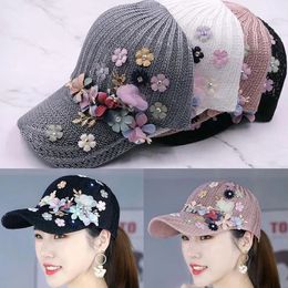 Women Chic Flower Hollow Baseball Cap Summer Thin Breathable Knitting Caps Holiday Mesh Hats Adjustable Sun Hat 240111